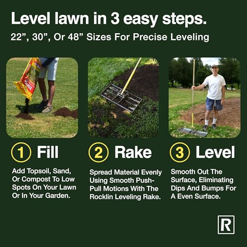 Rocklin™ Lawn Leveling Rake – 22” x 10” Stainless Steel Leveling Tool with 78” Handle | Smooth & Level Soil or Grass | Durable Leveling Tool for Lawn, Yard | Fathers Day Gift for Dad, Husband & Men - size: 22 Inches