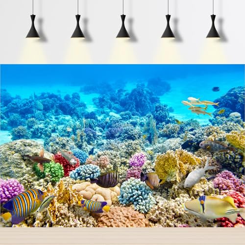 Ocean World Aquarium Background Under The Sea Tropical Fish Coral Reef Terrarium Background Underwater Marine life Fish Tank Background Colorful Corals Blue Seabed Fish Tank Backdrop Decors 24x12in - color: Marine Blue, size: 24(W)x12(H)inches/ 60(W)*30cm