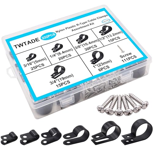 TWTADE 222PCS Black Cable Clamps Assortment Kit,Nylon Plastic R-Type 6 Sizes 3/16'' 1/4'' 3/8'' 1/2'' 3/4'' 1'' Cable Mounting Wire Clips Fastener with Screws for Wire Management - color: Black-222PCS