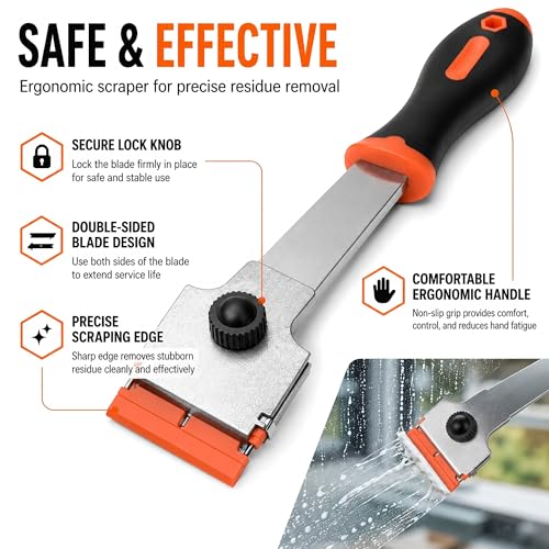 Razor Blade Scraper, Long Handle Scraper Tool with 10 Plastic and 10 Metal Blades - Ideal for Removing Labels, Stickers, Appliance Grease, and More from Windshields, Tint, and Glass (Orange) - color: Orange