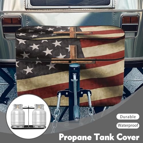 American Flag Cross Travel Trailer Propane Tank Cover Waterproof Propane Gas Tank Cover for Camper Weather Resistant Gas Cylinder Covers - color: American Flag Cross, size: S(20LB)