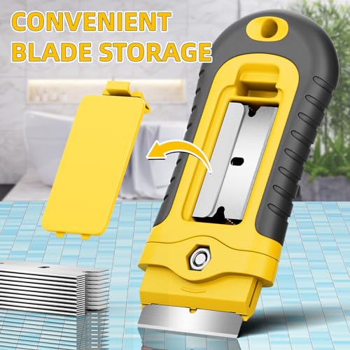 DIYSELF Razor Blade Scraper | 1 Pack Razor Scraper with 15 Razor Blades | Razor Blade Scraper Tool Kitchen | Glass Scraper | Window Scraper | Glass Stove Top Scraper | Paint Scraper | Cooktop Scraper - color: Yellow, size: 1 Pack