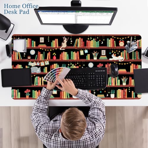 Desk Mat, Desk Matt for Desktop Bookshelf Cat XXL Extended Large Gaming Mouse Pad for Desk, Anti-Slip Desk pad Mat with Stitched Edges, Keyboard Mouse Mat for Computer, Work, Office, Gaming - color: Bookshelf Cat, size: 31.5" x 15.7"