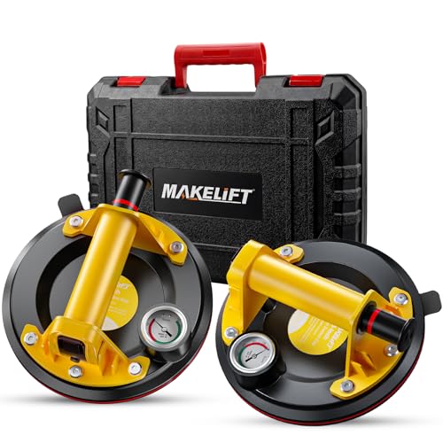 MAKELIFT Suction Cups for Glass, 8" Tile Suction Cup Tool, 260KG Max Load, Pressure Gauge, Towel & Gloves, Heavy-Duty Vacuum Lifter for Window, Windshield, Marble, Granite and Metal (2-Pack) - color: Yellow, size: 2-Pack