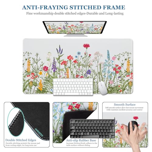 Desk Pad Botanical Floral, Desk Mat for Desktop, Sage Green Spring Flowers XXL Large Gaming Mouse Pad Non-Slip Rubber Base Stitched Edges Keyboard Mouse Mat for PC/Laptop/Computer/Work/Office - color: Colored Flowers, size: 31.5" x 15.7"