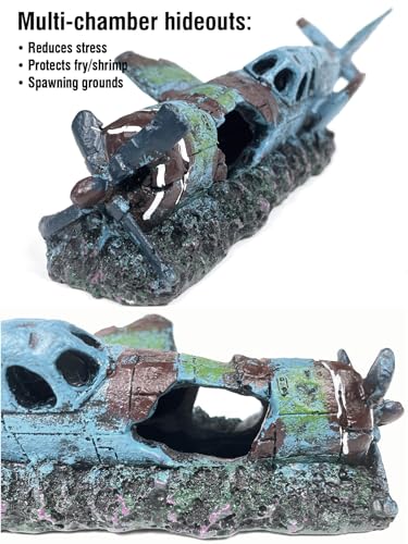 Fighter Vintage Airplane Ruins – Hiding Place for Betta,Shrimp,Goldfish & Reptiles,Submarine Landscape Shelter Cave Hideouts Aquarium Accessories Small Fish Tank Decor for 2-10 Gallon Tank