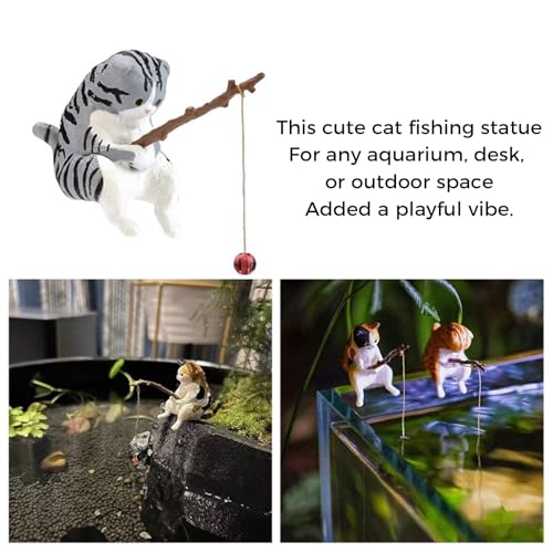 1pcs Fish Landscape Fishing Cat Decorations, Mini Resin Statues, Cartoon Cat Statues, Used for Home Office Aquarium Decoration, Desktop Courtyard, Pond Indoor and Outdoor