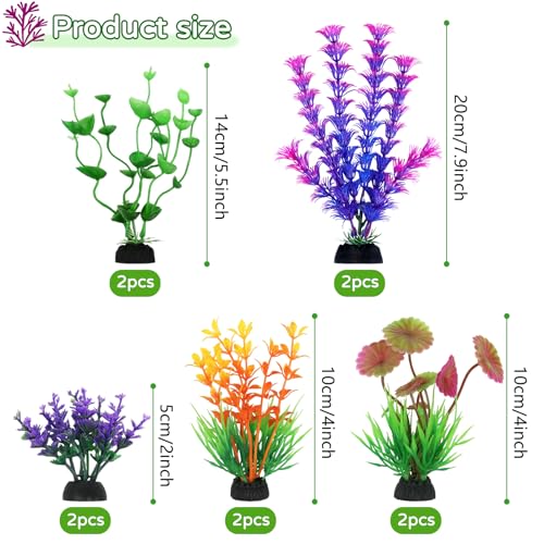 Fish Tank Decorations - 10 Pcs Colorful Aquarium Plants, Plastic Accessories, Mini Plants for Aquarium Decor