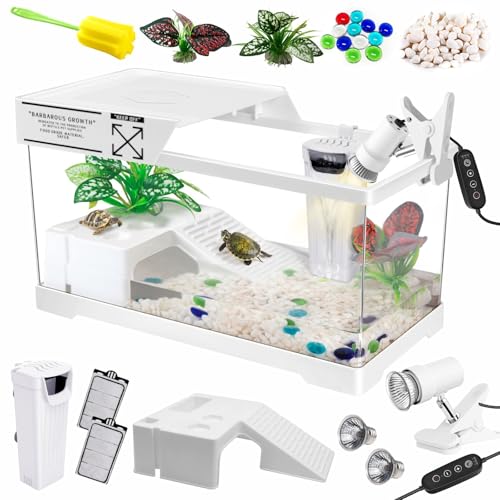 GOZILLA Turtle Tank Kit+Lamp+Filter, Upgrade PC Turtle Tank Starter Kit with Adjustable Lamp & Filter,Reptile Habitat with Lid,Basking Platform for Small Reptiles(19.68× 9.52× 9.44''/White-Large-Kit) - color: Large-White-KIT