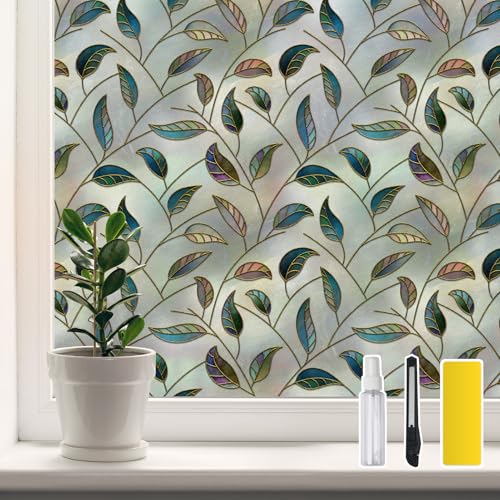 DKTIE Static Cling Decorative Window Film Vinyl Non Adhesive Privacy Film with Installation Kit, Multilayer UV Inkjet Technology, Thickened Stained Film, Vintage Leaf Pattern (S166, 17.7'' x 78.7'') - color: S166, size: 17.7'' x 78.7''