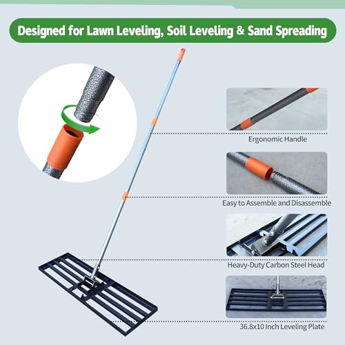 Lawn Leveling Rake 36x10 Inch, 6FT Heavy-Duty Carbon Steel Lawn Leveler – Yard Leveling Rake for Soil, Sand, Grass, Perfect for Lawn Repair, Pit Filling & Garden Maintenance - size: L