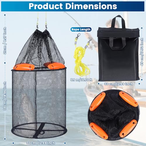 Large Foldable Floating Fishing Basket for Live Caught Fish, Collapsible Rubber-Coated Fish Net Kayak Bait Storage Cage with 5M Double Hook Nylon Rope and 6 Cable Ties, 1 Storage Bag
