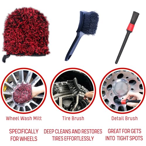 oesee Metal Free Microfiber Wheel Brush Kit- Microfiber Angled Wheel Brush, Long Handle Wheel Brush, Tire& Detailing Brush, Wheel Wash Mitt. Hands-On Wheel Detailing Kit for Daily Wheel Cleaning - color: 5 Pack (Red & Black)