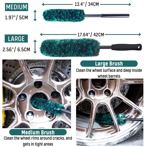 oesee Professional 4 Pack Long Handle Wheel Brush Kit for Cleaning Wheel and Tire- 2X Soft Wheel Cleaning Brush, Detailing Brush and Stiff Tire Brush, Bendable& Durable Wheel Rim Cleaner Brush Set - color: 4 Pack (Green & Black)