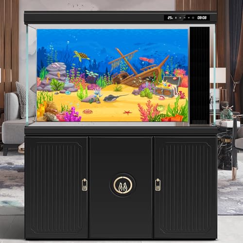 Cartoon Underwater Landscape Aquarium Background Tropical Coral Reef Sunken Ship with Sea Animals Terrarium Background Deep Blue Ocean Fish Crab Treasure Chest Sea Turtle Fish Tank Backdrop 24x12in - color: Light Blue, size: 24(W)x12(H)in