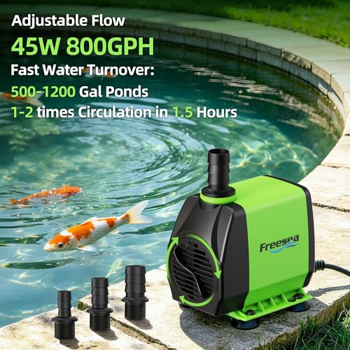 800gph Small Pond Pump: 45w Adjustable Flow Circulate 500-1200 Gal Pond 1-2 Times in 1.5 Hour - 3 Year Durable Operation Keep Water Fresh for Koi health - size: 800GPH 45Watt