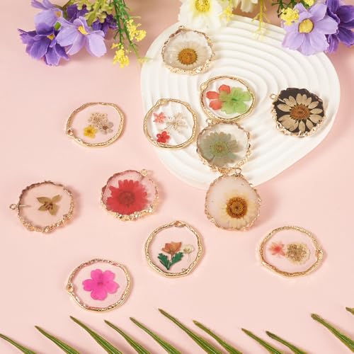 Transparent Flower Resin Charms Round Gold Edge Dried Floral Pendants Flat Round Clear Gold Foil Floral Charms for Necklace Bookmark Keychain Jewelry Making - color: Flower-2