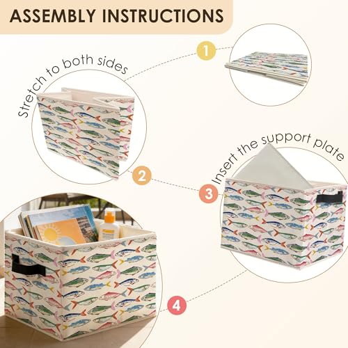 Colorful Fish Coastal Beach Storage Bins Box with Handles, Nautical Ocean Seafood Sardines Fish Foldable Basket Toybox for Kids Nursery Bedroom Bathroom Home Clothes Toys Books - color: color-3