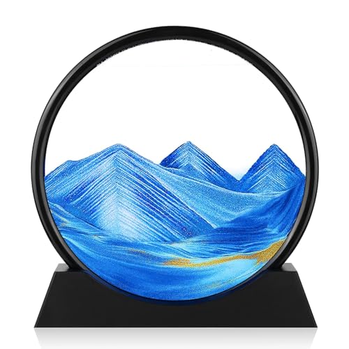 Moving Sand Art Picture - Round Glass 3D Deep Sea Sandscape - 3D Quicksand Painting Decor - Relaxing Home Decoration Desk Figurine for Office, Home, Desk, Mantle, Bookshelf - (Blue, 7 in) - color: Blue, size: 7in
