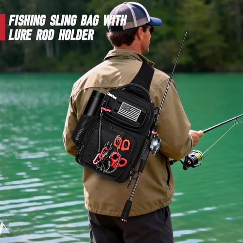 Fishing Sling Bag with Tackle Box, MOLLE System Fishing Backpack with Fishing Lures Kit, Fish Hook Remover Tool, Fish Lip Gripper, Fishing Plier & Accessories, Fishing Gear Gift for Men Black - color: Black-01Set