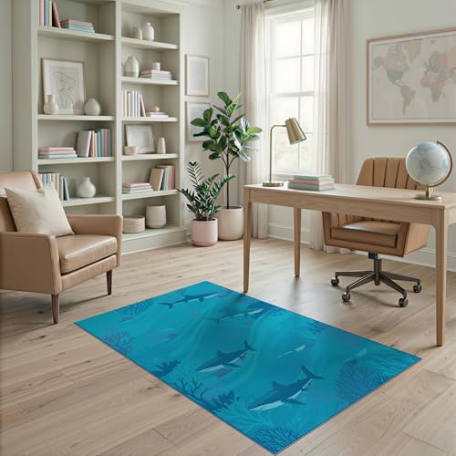 4'x6' Washable Flatwoven Rug, Blue Graphic Fish Easy Care Throw Carpet for Dorm Room, Small Living Room, Apartment, Stain Resistant Low Profile Floor Covering | Ref:2068649 - color: Blue/Pattern 13, size: 4' x 6' (Rectangular)