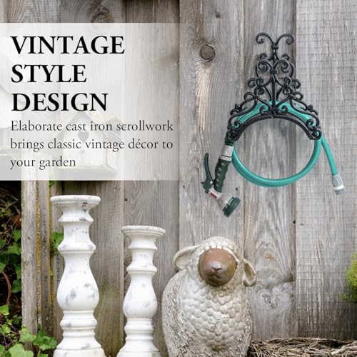 MyGift Brown Heavy Duty Cast Iron Outdoor Garden Hose Hanger Wall Mounted Water Hose Holder Reel with Vintage Scrollwork Design (Floral Pattern) - style: Floral Pattern