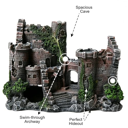 Aquarium Resin Castle Decoration, Air Bubbler Stone Cave Hideout House for Betta Fish, Shrimp & Turtles, Fish Tank Ornament Accessories for Breeding, Playing & Resting ，Decorative Bubbling Castle
