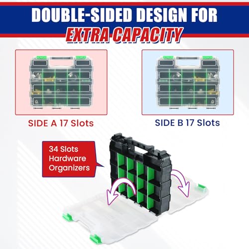 NYXOVA Small Parts Organizer, Hardware Organizer Box, 2 Pack Double Side 34 Compartments Hardware Organizers with Removable Plastic Dividers for Screws Nuts Nails Bolts (Green) - color: Green