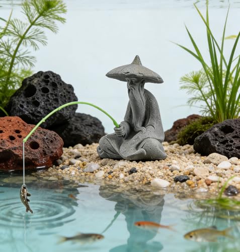livelyfish Mini Fisherman Statue Asian Zen Decoration Sitting Fishing Figurines Sandstone Vintage Ornament for Aquarium Fish Tank Pot Garden Home Japanese Decor,D - color: Gray