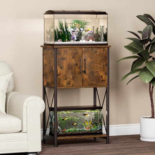 Herture 5-10 Gallon Fish Tank Stand, Metal Double Aquarium Stand with Cabinet for Fish Tank Accessories Storage, Heavy Duty 20.5" L* 11.02" W Tabletop, 500LBS Capacity Rustic Brown and Black PG06YGN - color: Rustic Brown, size: 5-10 Gallon