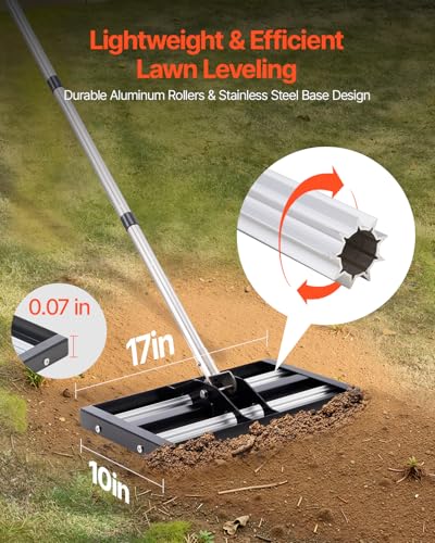 VEVOR Updated Lawn Leveling Rake with Roller, 17'' x 10" Stainless Steel Lawn Leveler with 63.4'' Adjustable Handle, Heavy Duty Yard Leveling Rake, Effort Saving Lawn Leveling Tool for Yard Golf Court - size: 17"x10", style: with Roller: Stainless Steel