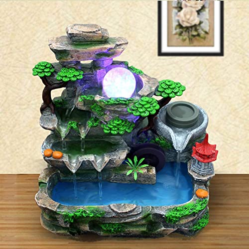 Tabletop Waterfall Fountain with Rockery, Mini Silent Indoor Ornament Desk Calming Water Fountain Desktop Simulation Resin with Atomizer LED Light for Office Bedroom Home Table Decor Multi-Layer - color: Style 3