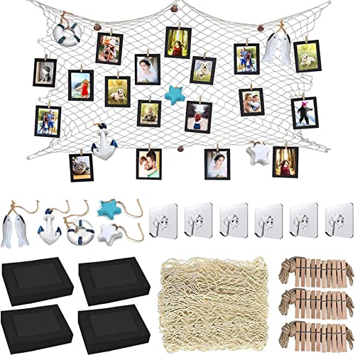 Fishing Net with Black 40 PACK Frames Paper Photo Hanging Display Board 10x15cm Wall Decoration, Pictures Decor for Birthday Party Family School, with Clips and Hemp Rope Set Fit 6x4 inch