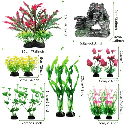 QUOZUO Fish Tank Accessories Aquarium Plants, 12pcs Colorful Fish Tank Artificial Plants and Cave Rock Decor Set, Aquarium Decorations Plants