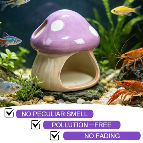 Cute Aquarium Mushroom House Betta Fish Tank Accessory Decor Mini Ceramic Fish Hideout Shrimp Cave Ornament (Purple) - color: Purple