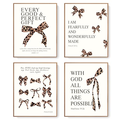 LARTSFRO Coquette Leopard Bow Wall Art Decor Posters, Y2K Cheetah Print Room Decor Aesthetic Bible Verses Inspirational Wall Art for Teen Girls Bedroom Dorm Bathroom, 10x8 Inch Set of 4 Pcs Cheetah Bow Pictures (UNFRAMED) - color: leopard bow, size: 8X10i