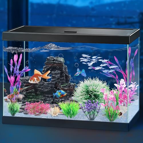 QUOZUO Fish Tank Accessories, Aquarium Fish Tank Plastic Plants and Cave Rock Decorations Set 10 Pieces, Small and Large Artificial Aquarium Plants with Cave Rock