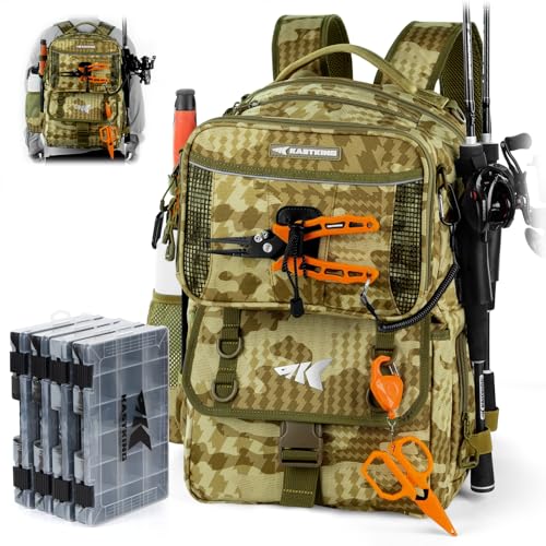 KastKing BaitSpace Fishing Tackle Backpack with Removable Bait Binder,2 Rod Holders Storage Fishing Gear and Equipment - color: D: Khaki Camo(with (4) 3600 Tackle Boxes)