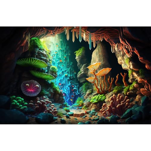 Jungle Cave Aquarium Background Cartoon Cave Landscape Fish Tank Background Abstract Bright Lights Luminous Mushrooms Tropical Plants Reptile Tank Enclosure Terrarium Backgrounds 36x18in - color: Green Purple, size: 36(W)x18(H)in