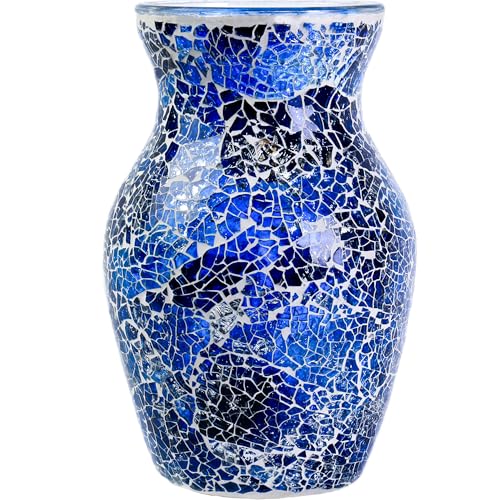 8" Deep Blue Mosaic Vase, Klein Blue Glass Flower Vase with Silver Wave Crest Design, Hand-Pasted Ocean Art Centerpiece for Modern Home, Living Room & Office - color: Klein Blue