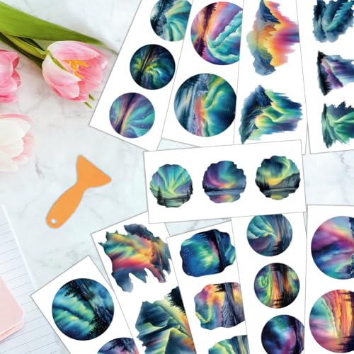 arricraft 10 Sheets Watercolor Aurora UV DTF Cup Wrap for 16OZ Glass, Colorful Aurora Snow-Capped Mountains Rub on Decals PVC Transfer Stickers for DIY Cups Wood Funiture 24x11cm/9.4x4.3inch - style: Watercolor Aurora Theme