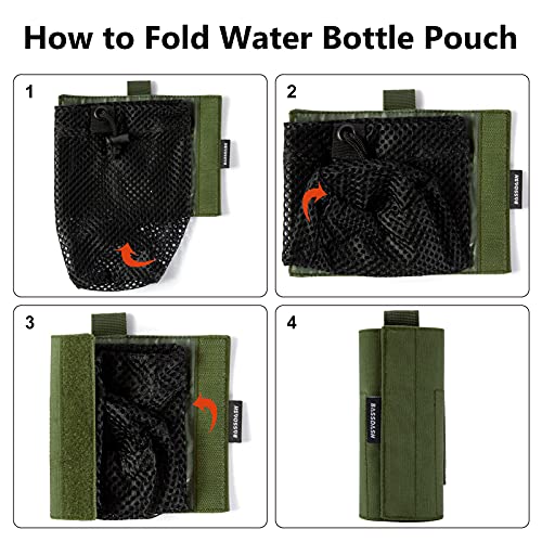 BASSDASH Tactical Molle Water Bottle Pouch with Carabiner Foldable Mesh Holder Bag for Travel Fishing Hunting Hiking Outdoor Activities - color: Army Green with Molle Straps