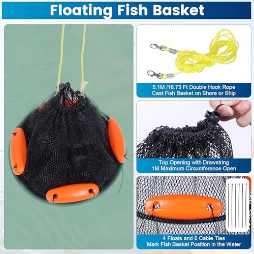 Large Foldable Floating Fishing Basket for Live Caught Fish, Collapsible Rubber-Coated Fish Net Kayak Bait Storage Cage with 5M Double Hook Nylon Rope and 6 Cable Ties, 1 Storage Bag