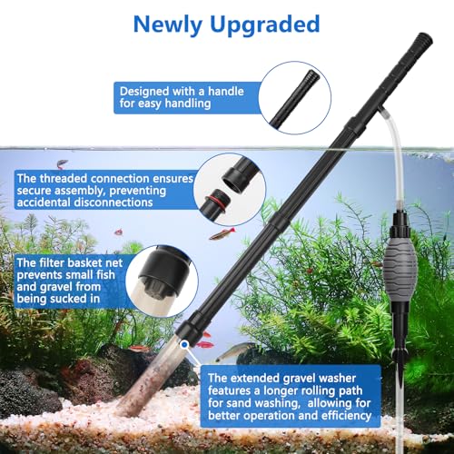 AQQA Gravel Vacuum for Aquarium Siphon - Adjustable Flow Fish Tank Cleaner with Handle, Manual Siphon Pump Water Changer Sand Rock Suction Cleaner, Upgraded Hard Hose with Threaded Connection (S) - size: S for tanks under 17" deep
