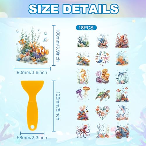 GLOBLELAND 18 Sheets Marine Life Transfer Stickers 3.9x3.6inch Colorful Sea Turtle Octopus Jellyfish Dolphin Home Decals Cup Transfer Decals for Furniture Vase Glass Art Crafts Decorations - style: Marine Life