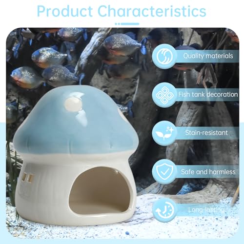 AnRui Ceramic Mushroom Aquarium Decor Cute Mini House Betta Fish Tank Accessories Decoration Hideaway Hideout Cave Ornament for Small Fish, Shrimp, Goldfish and Reptiles (Blue, Large) - color: Blue, size: Large