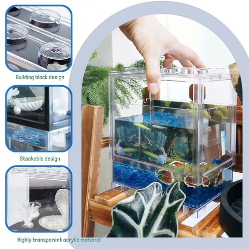 Small Betta Fish Tank, Mini Sea Monkey Tank Aquarium Kit with Gravel & Background Resin Decor, 0.6 Gallon Stackable Tabletop Fish Bowl Accessories for Shrimp Seaweed Ball - color: Clear