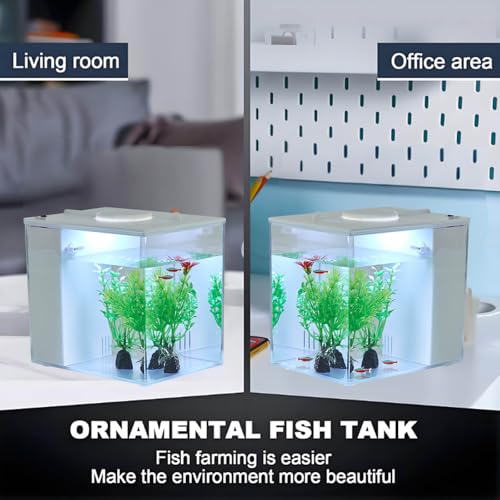 Mini Fish Tank Betta Aquarium Starter Kits Multifunctional Desktop LED Aquarium with Switch Button White, 1 Gallon - color: Pale white