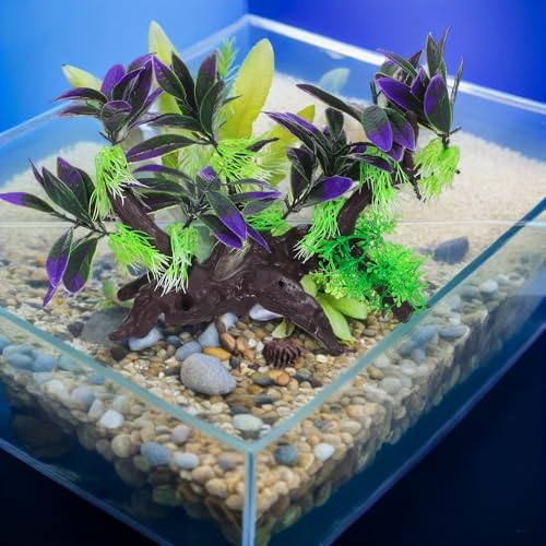 Abaodam 2pcs Artificial Aquarium Plants with Driftwood Ornament, Simulated Resin Water Grass Fish Tank Decorations for Home and Public Aquariums