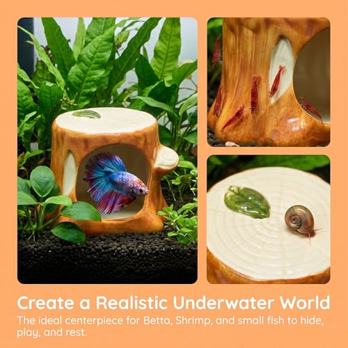 Aquarium Decor Ceramic Tree Stump Aquarium Hideout Cave, Betta Fish Tank Decor Ornament, Hiding & Breeding House for Small Fish, Shrimp, Cichlid, Goldfish & Reptiles